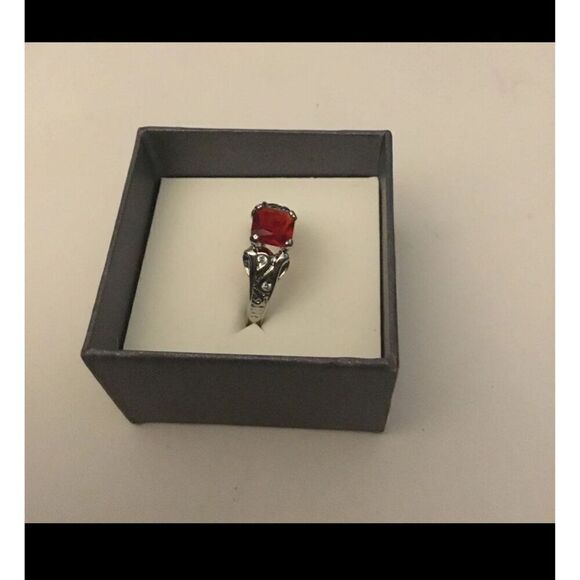 Lovely Ruby Gemstone & Sim Diamond Filigree Ring Sz 9 - Picture 2 of 4